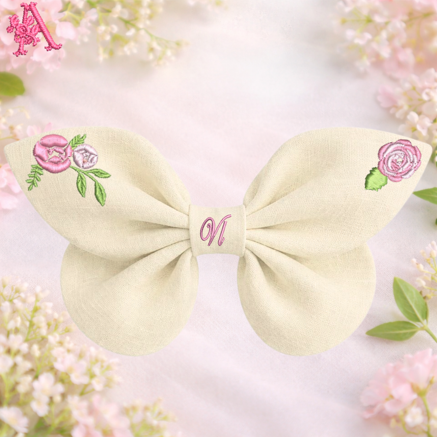 Blue linen bow with hummingbird and flower embroidery. Enchanted Flowers