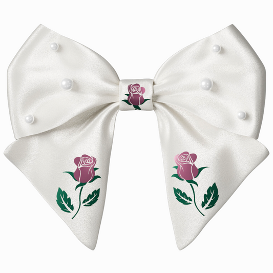 White Hair Bow clip with Roses and Pearls