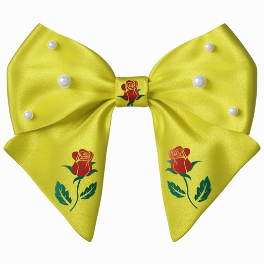 Yellow Hair Bow clip with Roses and Pearls