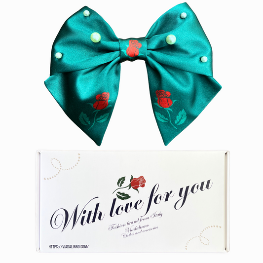 Bow Navy Green Satin Roses & Pearls