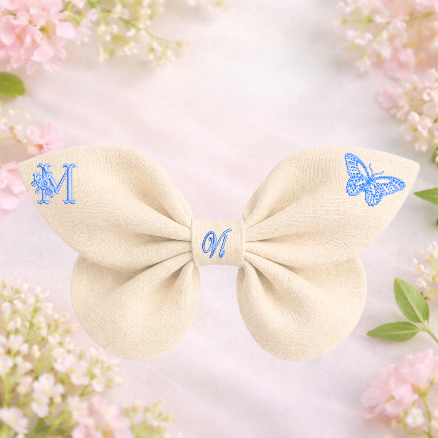 Linen bow with butterfly embroidery and monogram A, B, C ... Z. Spring 