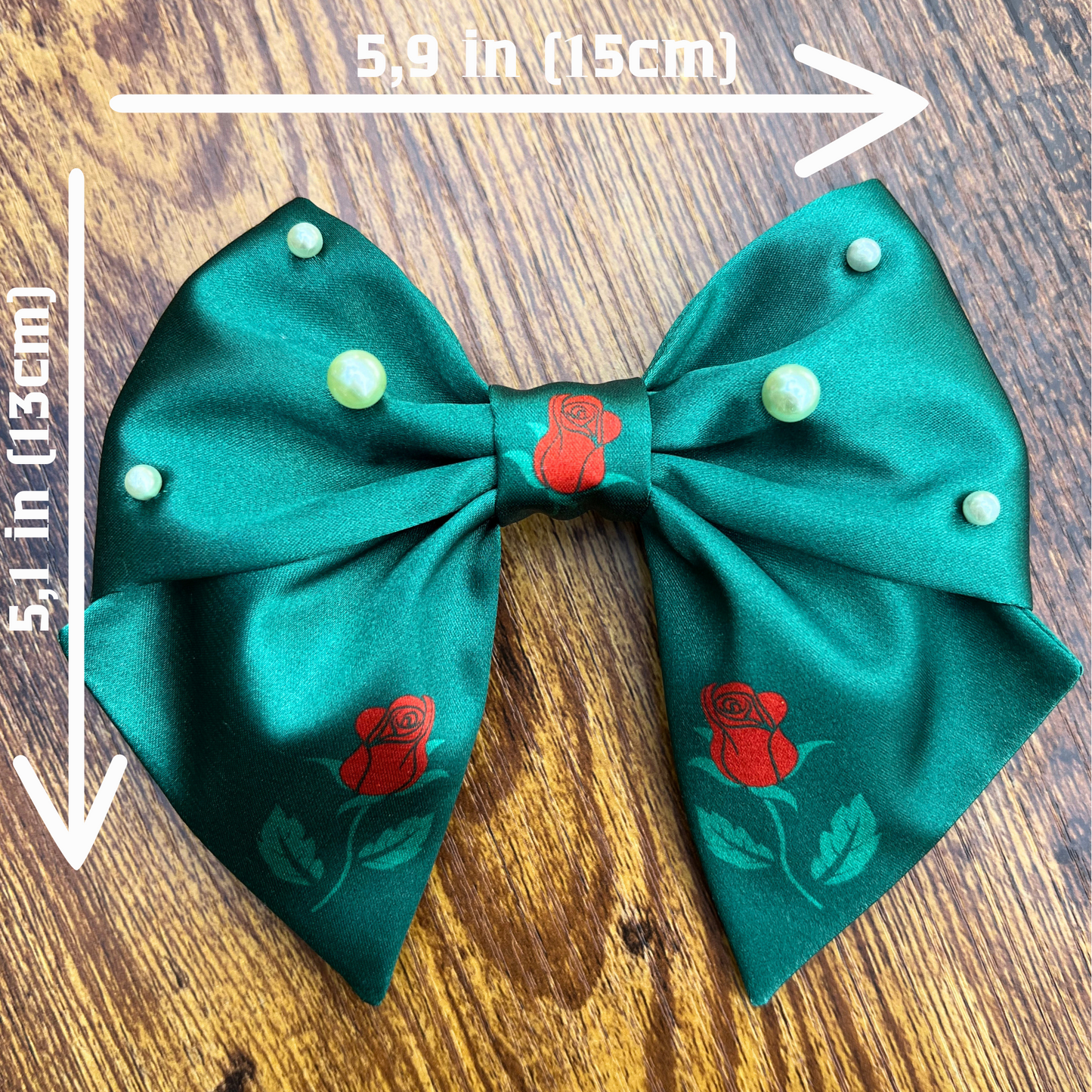 Bow Navy Green Satin Roses & Pearls