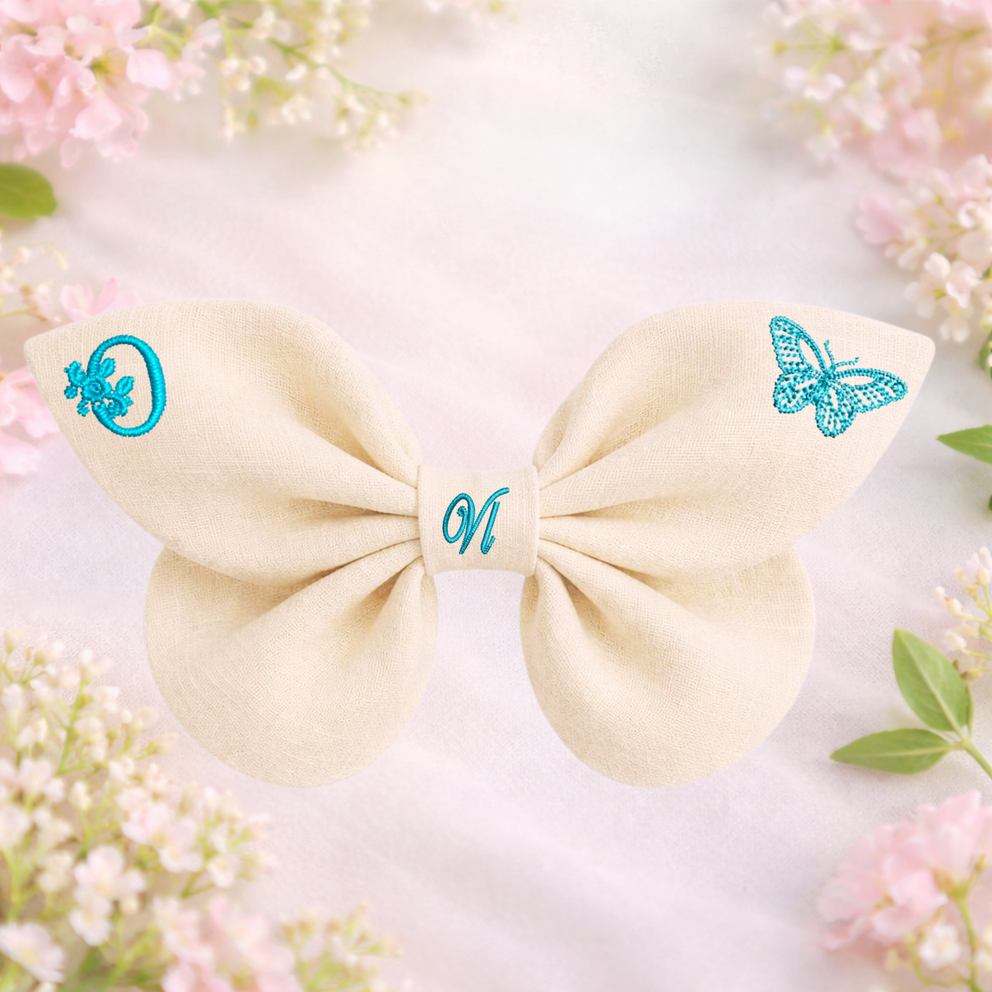 Linen bow with butterfly embroidery and monogram A, B, C ... Z. Spring 