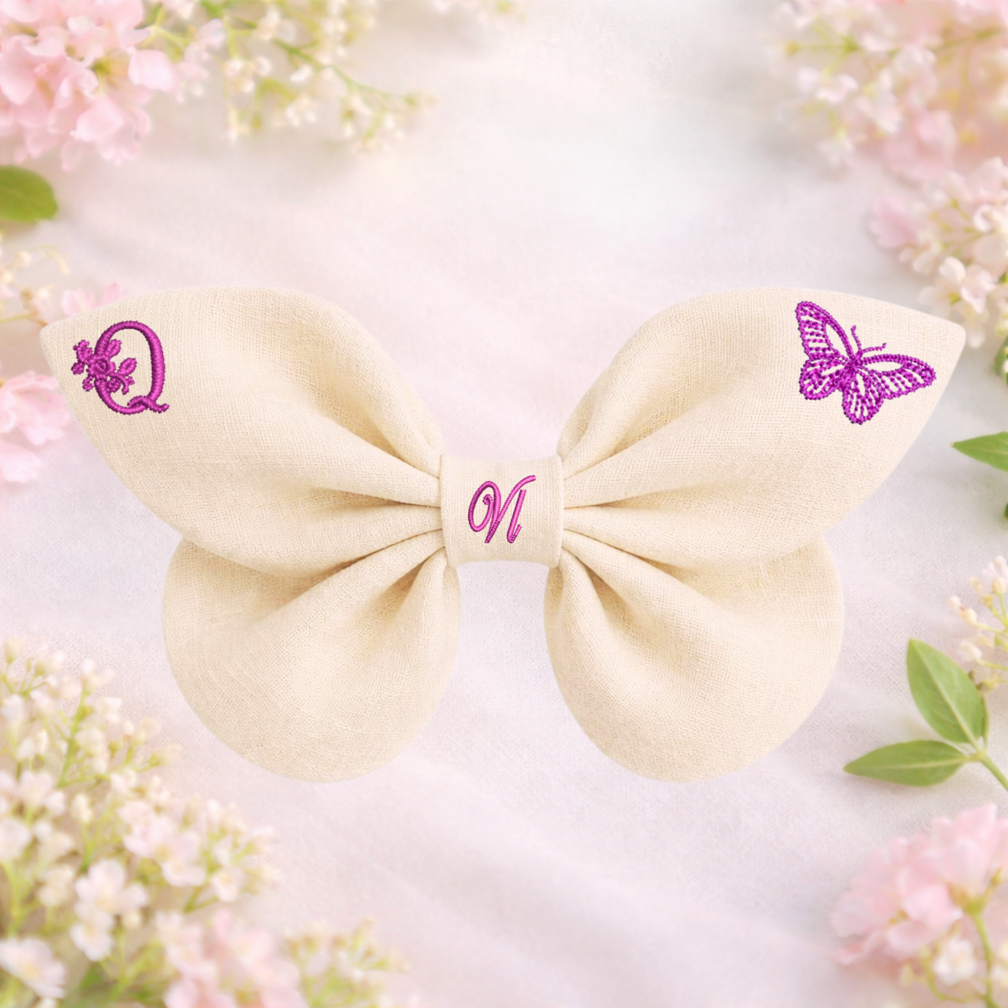 Linen bow with butterfly embroidery and monogram A, B, C ... Z. Spring 