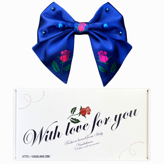 Bow Navy Blue Satin Roses & Pearls