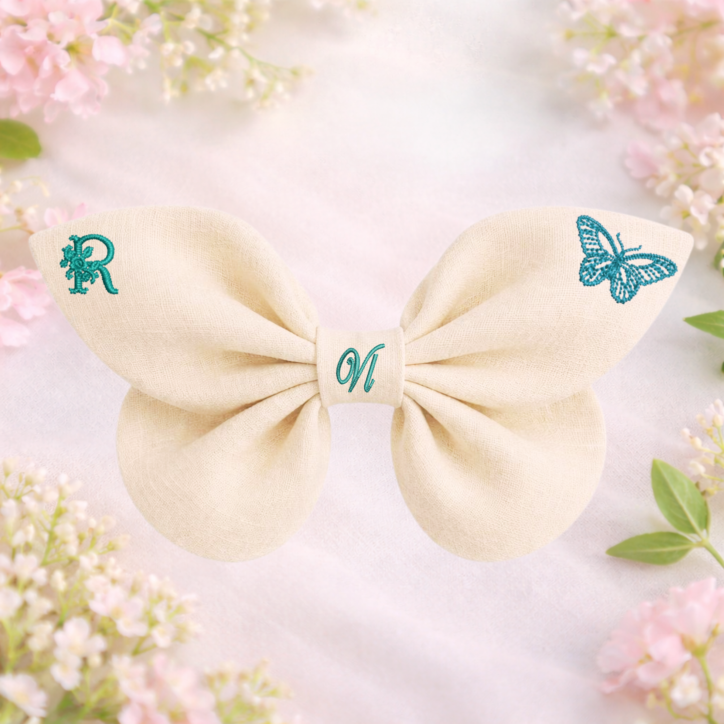 Linen bow with butterfly embroidery and monogram A, B, C ... Z. Spring 