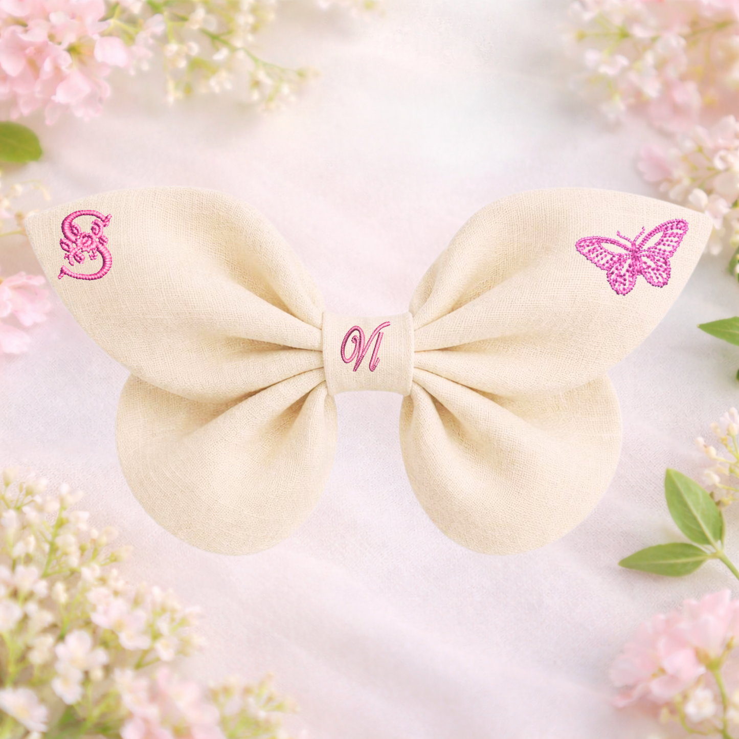 Linen bow with butterfly embroidery and monogram A, B, C ... Z. Spring 