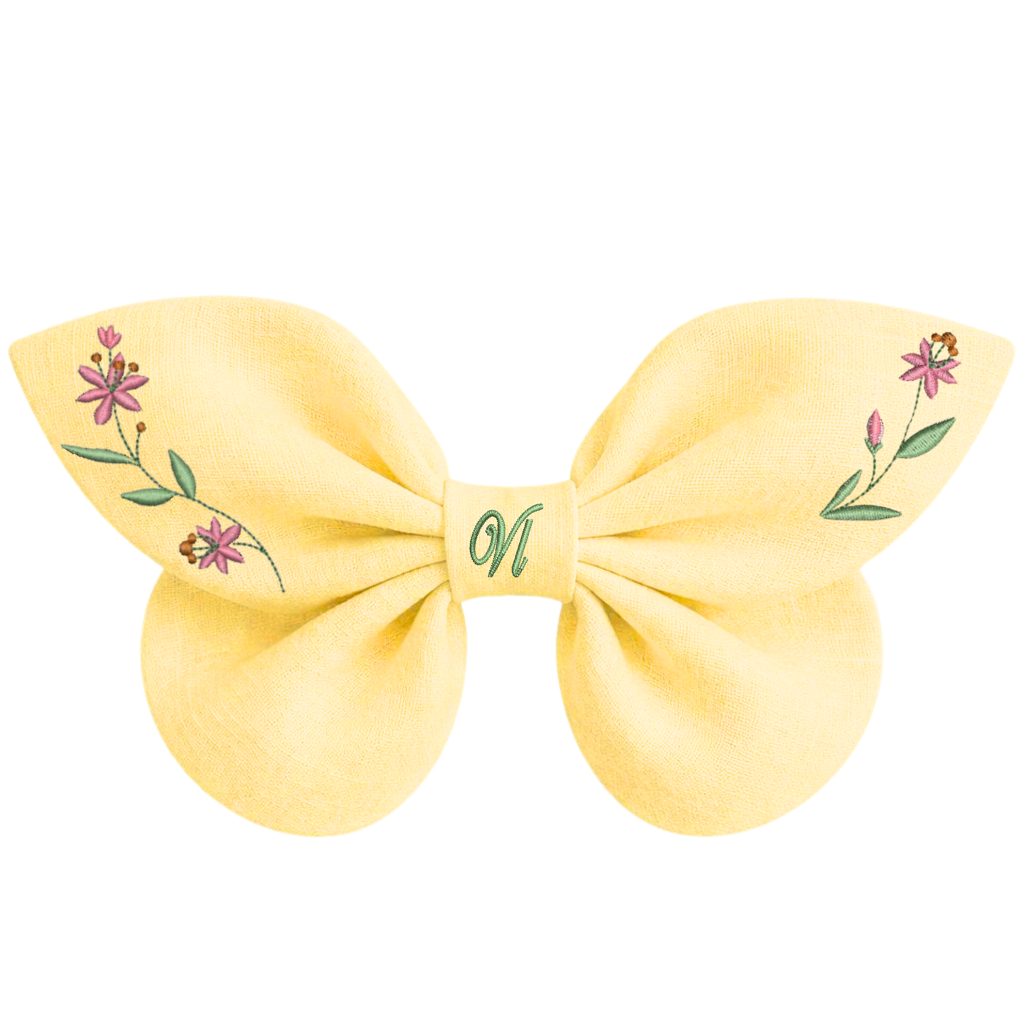 Blue linen bow with hummingbird and flower embroidery. Enchanted Flowers