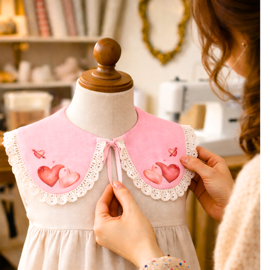 Decorative linen collar for girls with lace and Valentine's Day hearts