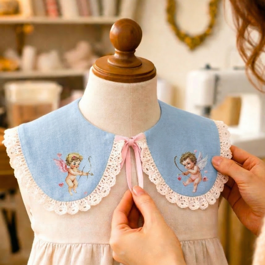 Decorative linen collar for girls with lace and Valentine's Cupid