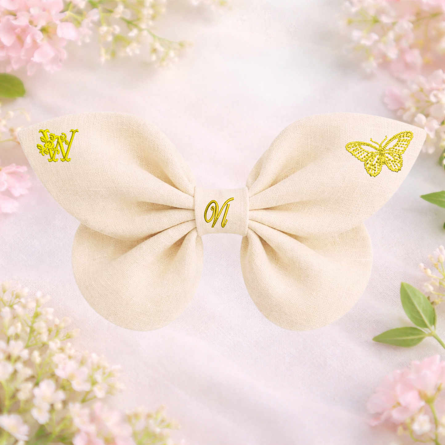 Linen bow with butterfly embroidery and monogram A, B, C ... Z. Spring 