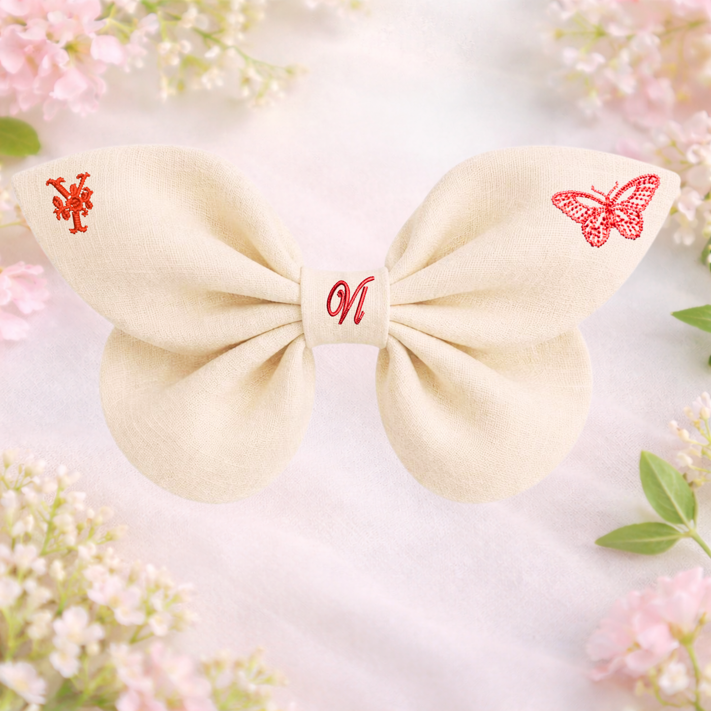 Linen bow with butterfly embroidery and monogram A, B, C ... Z. Spring 