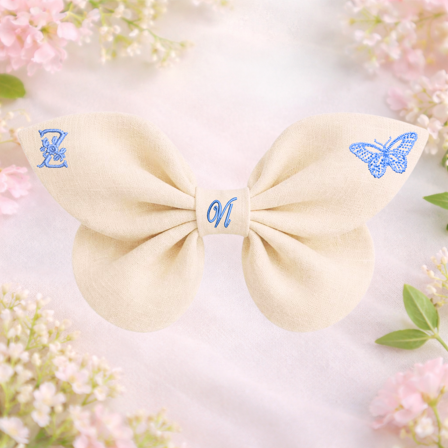 Linen bow with butterfly embroidery and monogram A, B, C ... Z. Spring 