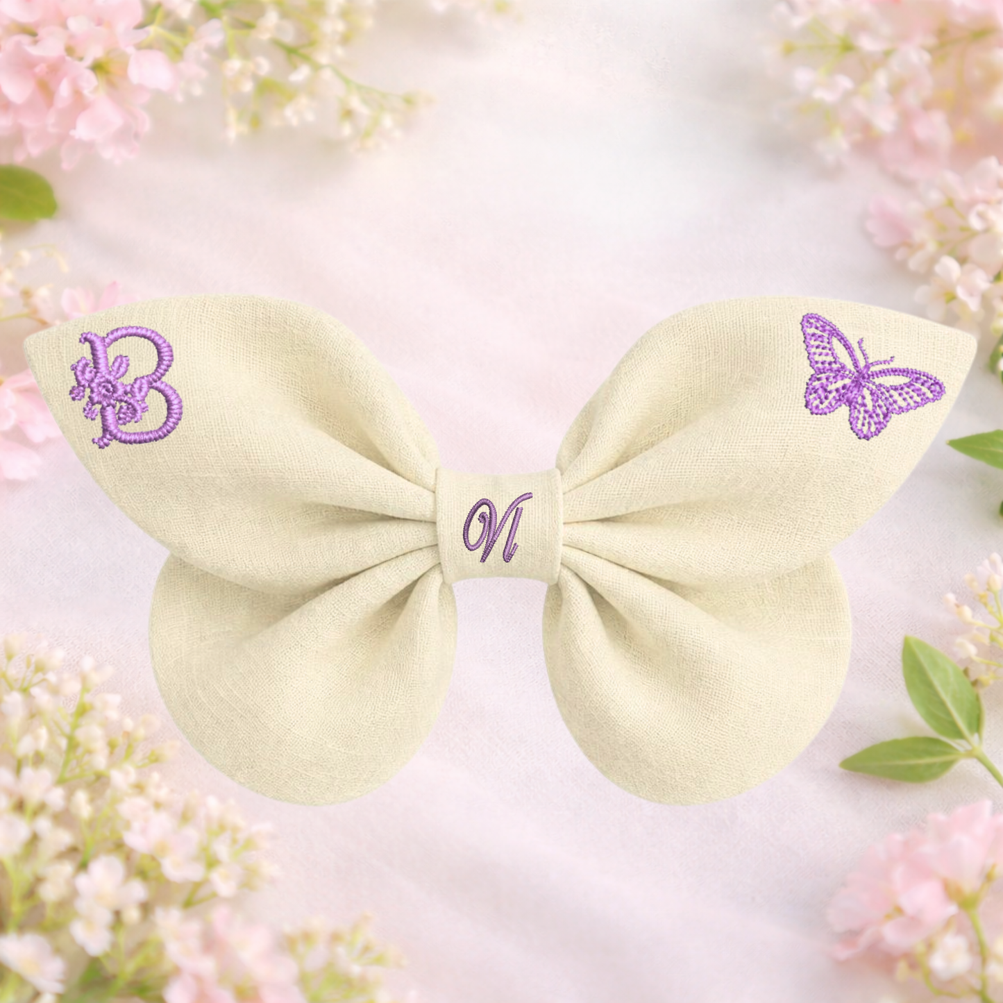 Linen bow with butterfly embroidery and monogram A, B, C ... Z. Spring 