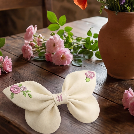 Blue linen bow with hummingbird and flower embroidery. Enchanted Flowers