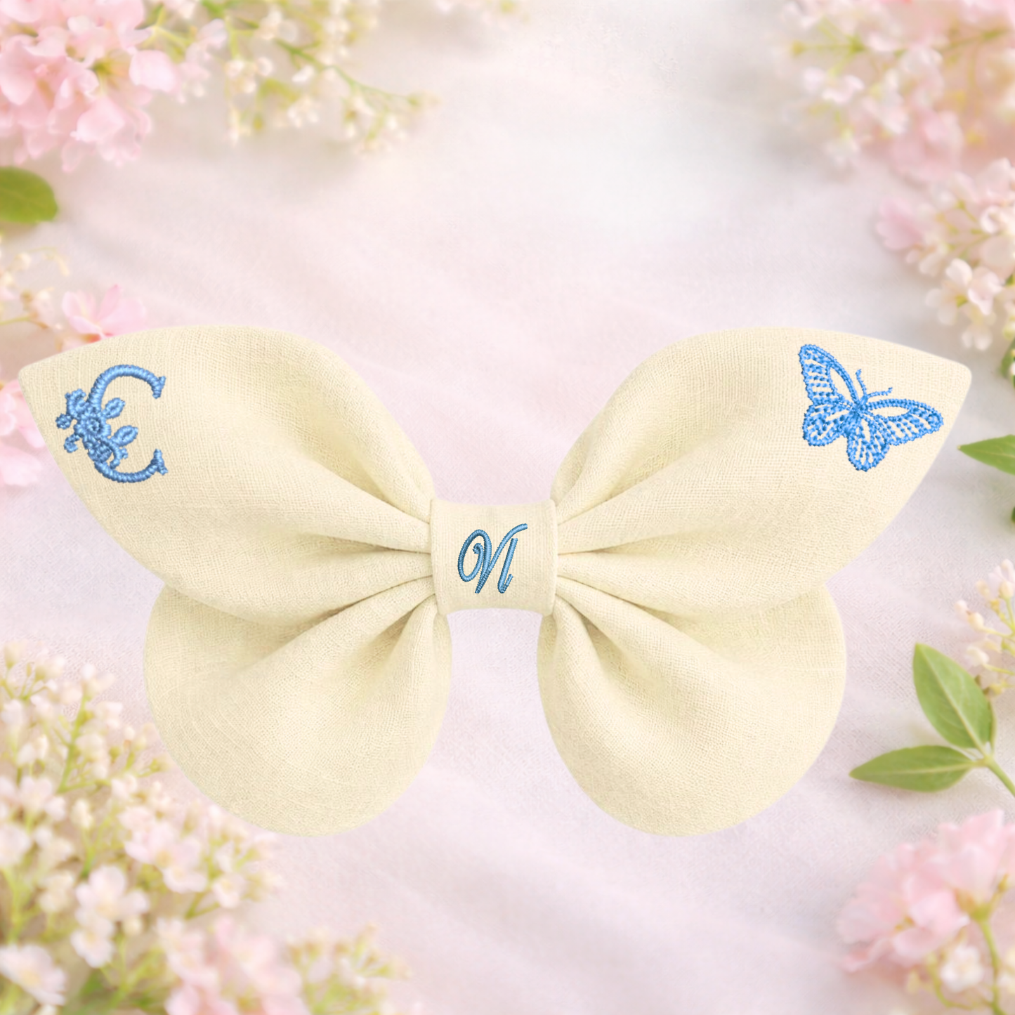 Linen bow with butterfly embroidery and monogram A, B, C ... Z. Spring 