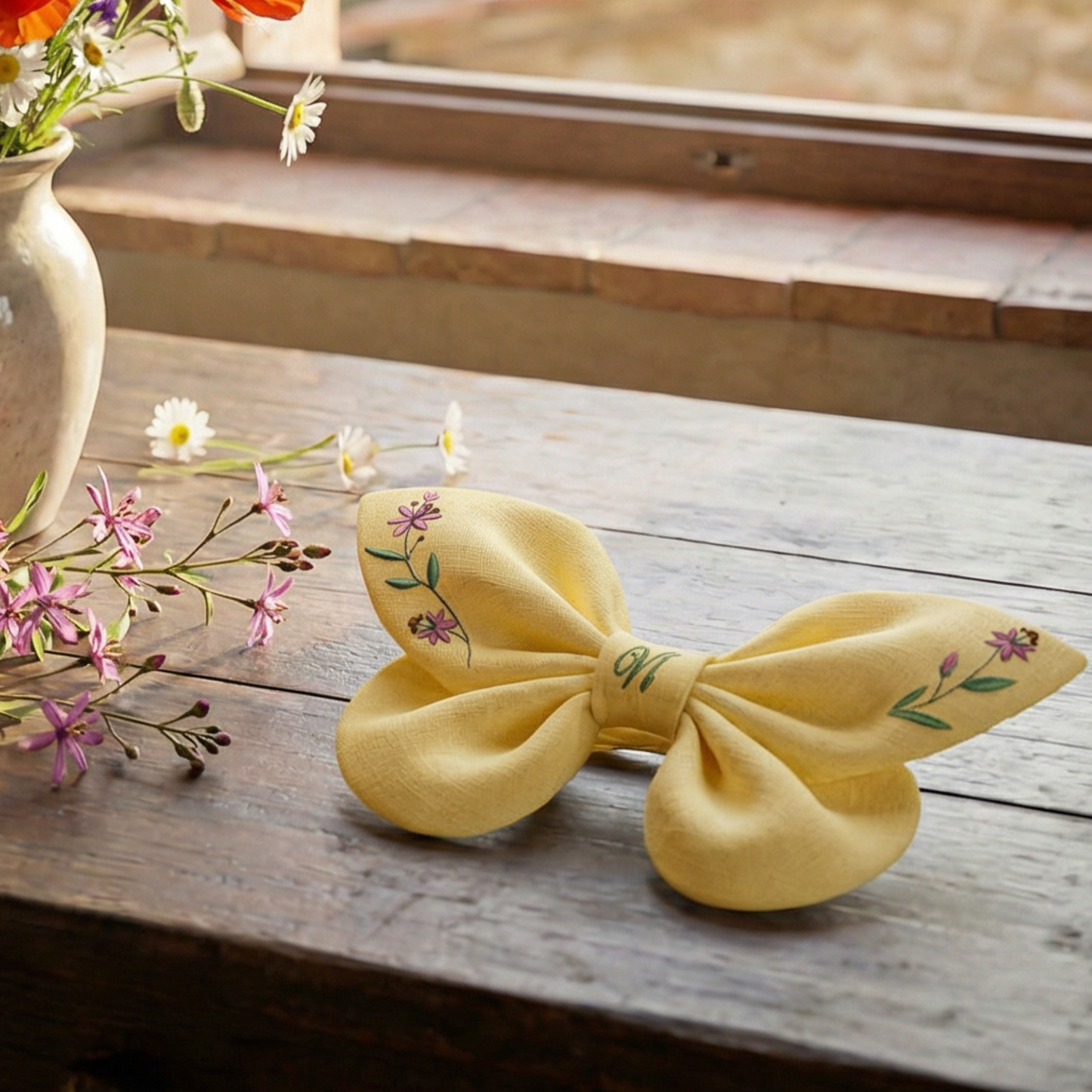 Blue linen bow with hummingbird and flower embroidery. Enchanted Flowers