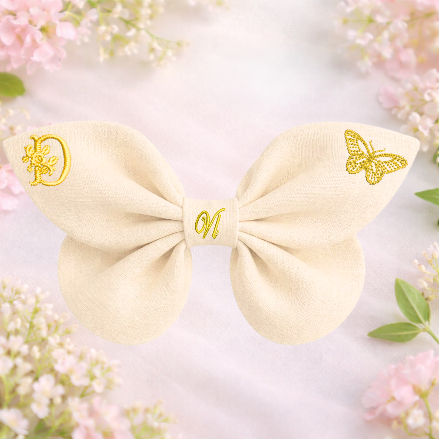 Linen bow with butterfly embroidery and monogram A, B, C ... Z. Spring 