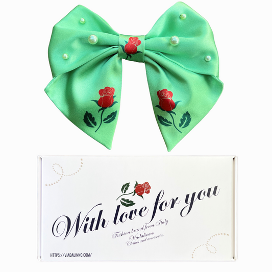 Bow Light Green Satin Roses & Pearls