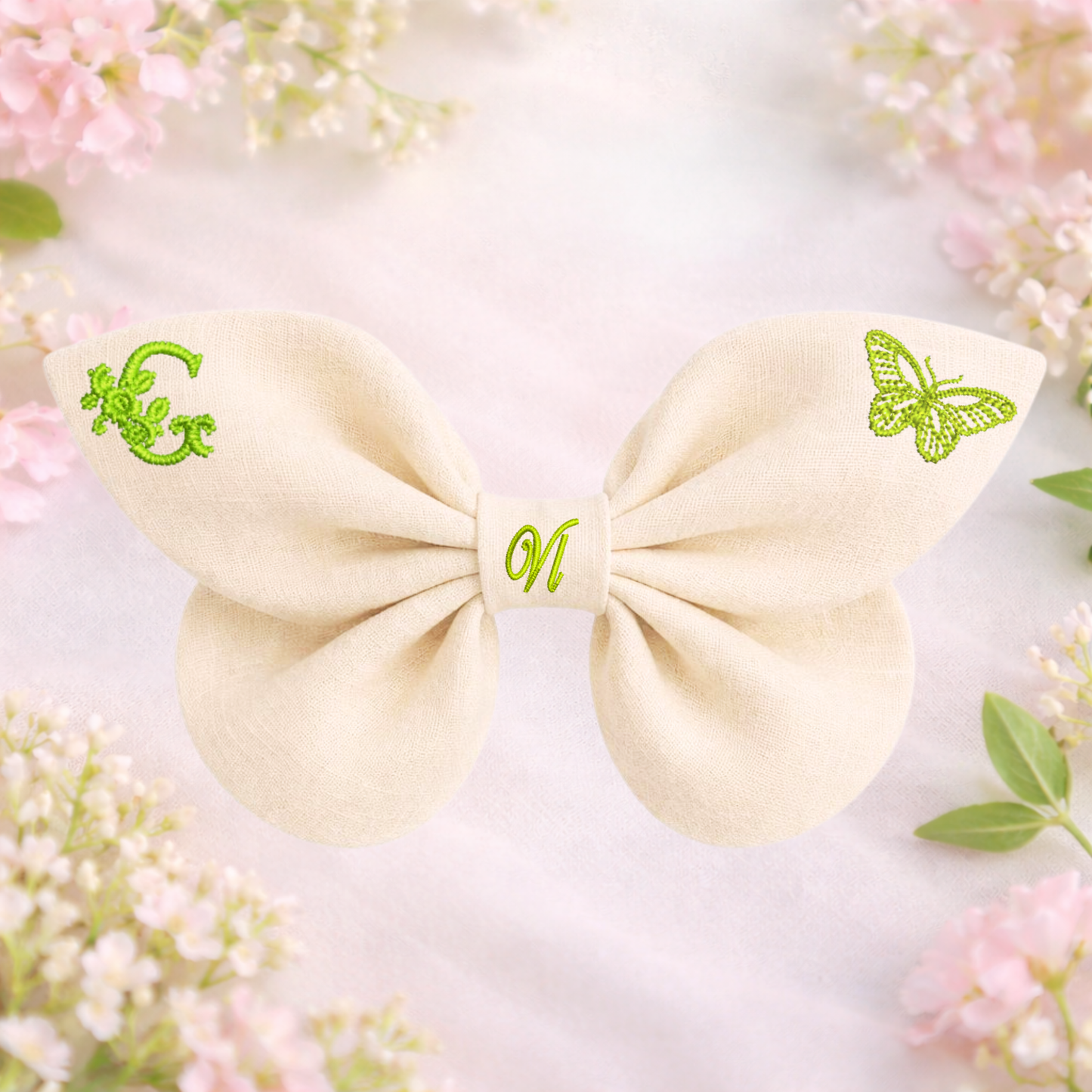Linen bow with butterfly embroidery and monogram A, B, C ... Z. Spring 