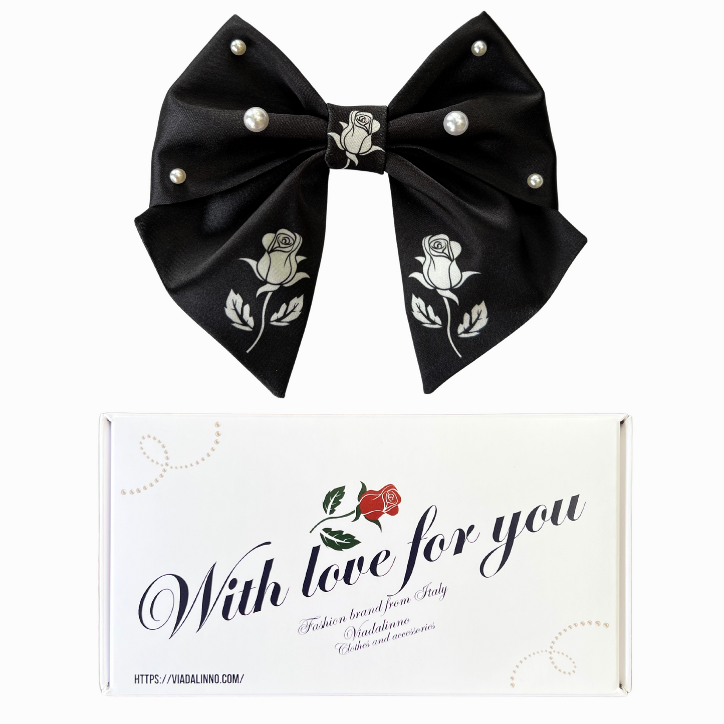 Bow Black Satin Roses & Pearls