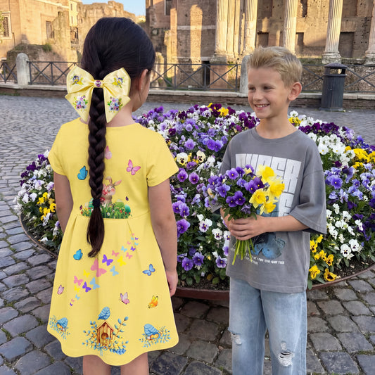 Artificial silk hair bow with floral motif. Flowers