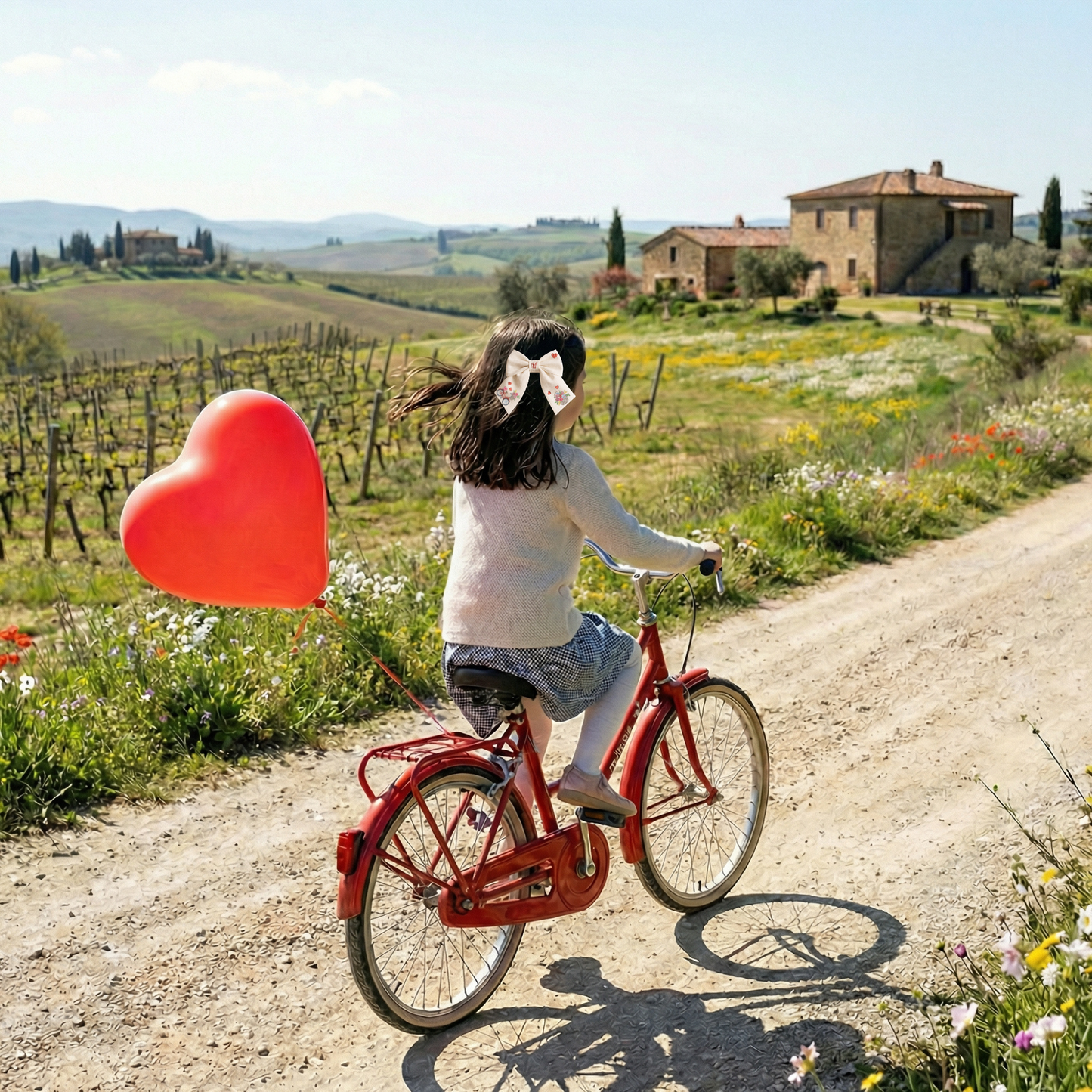 Linen bow with "Bicycle and Flowers" embroidery. Valentine's Day Collection