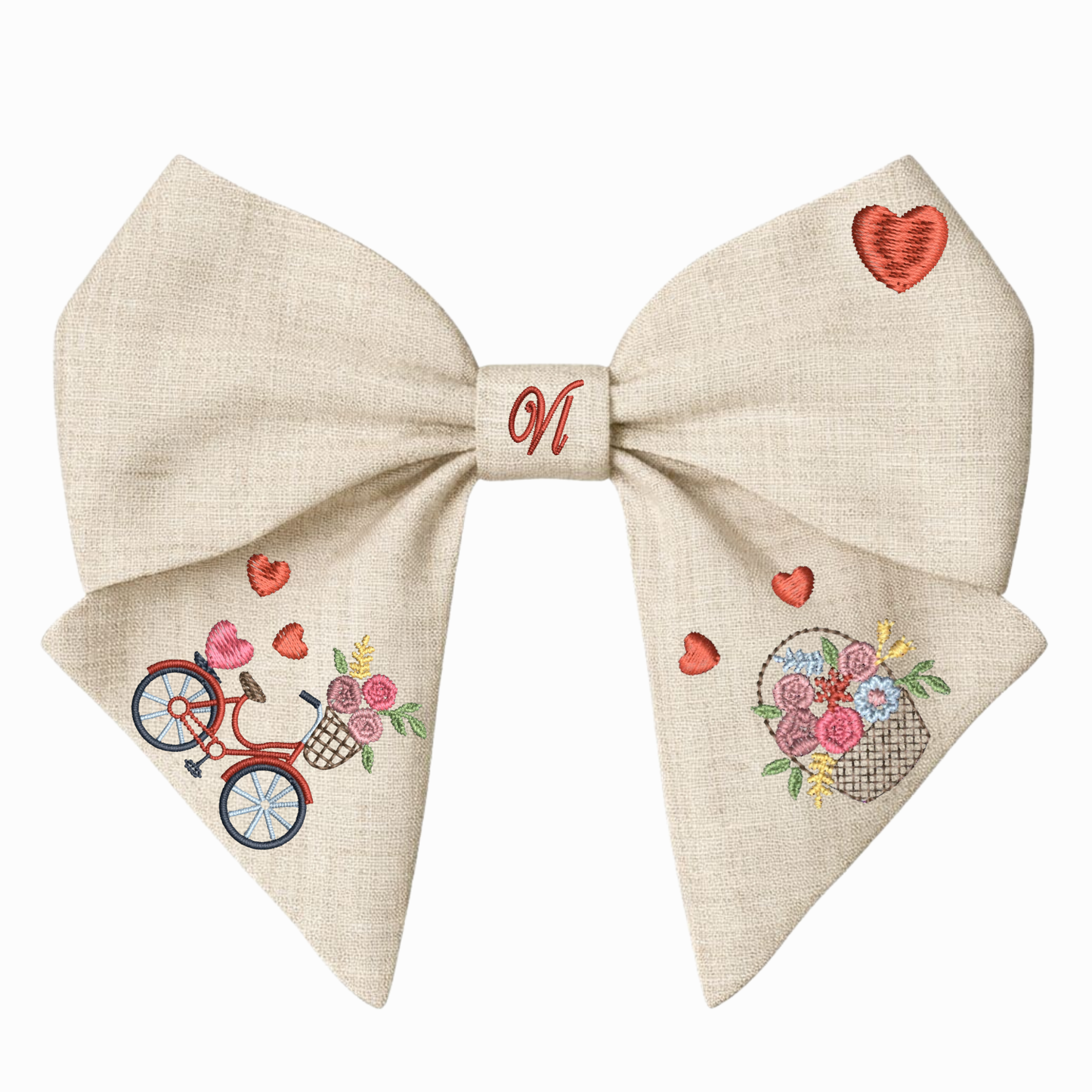 Linen bow with "Bicycle and Flowers" embroidery. Valentine's Day Collection