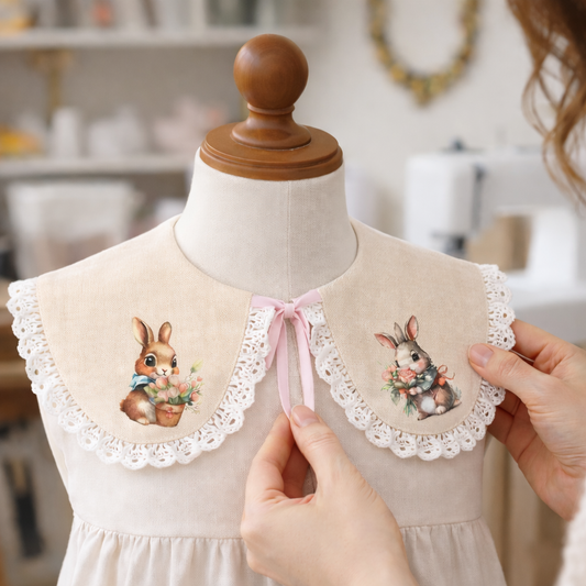 Decorative linen collar for girls with lace and Easter bunnies
