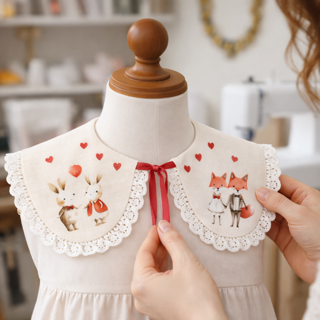 Decorative linen collar for girls with lace and romantic Valentine's Day animals