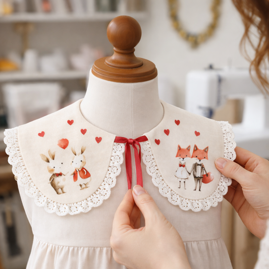 Decorative linen collar for girls with lace and romantic Valentine's Day animals