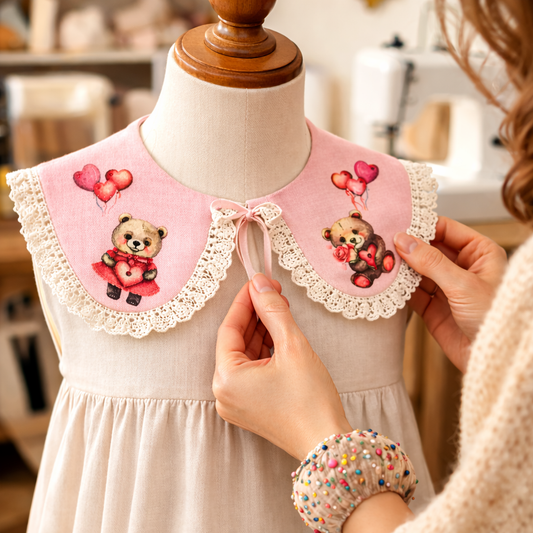 Decorative linen collar for girls with lace and a "Teddy Bear" print. Valentine's Day