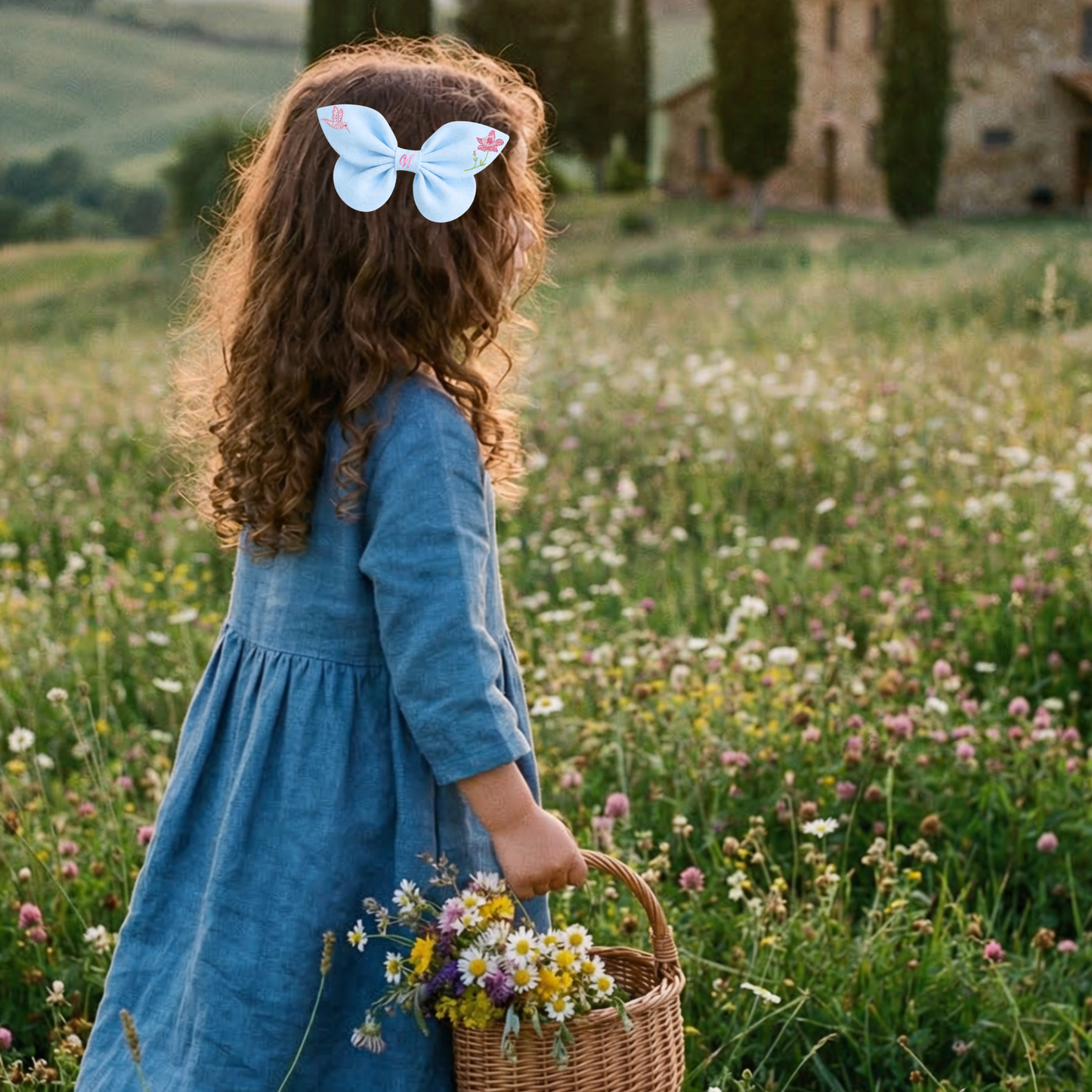 Blue linen bow with hummingbird and flower embroidery. Enchanted Flowers