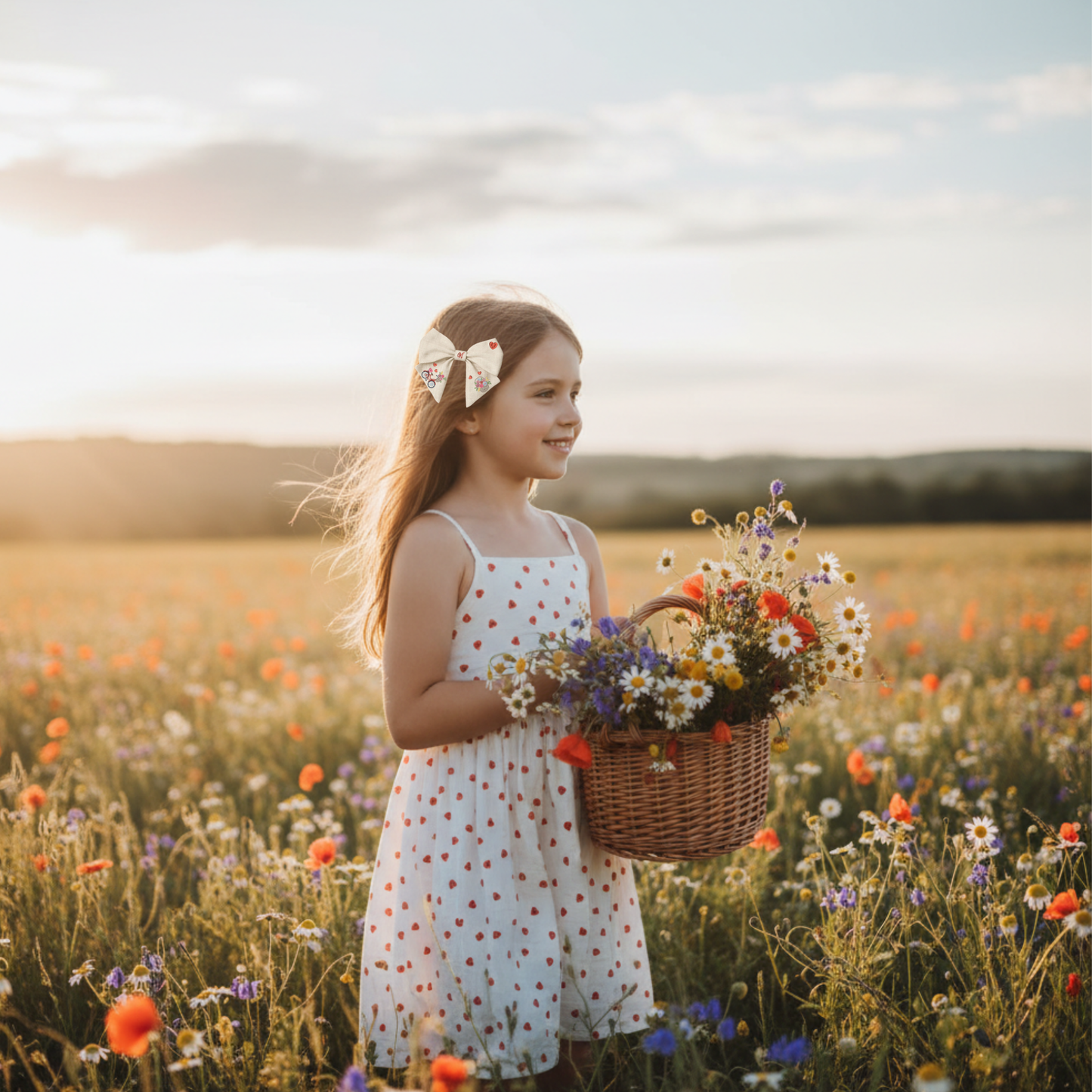 Linen bow with "Bicycle and Flowers" embroidery. Valentine's Day Collection