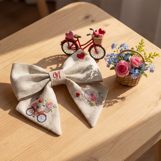 Linen bow with "Bicycle and Flowers" embroidery. Valentine's Day Collection