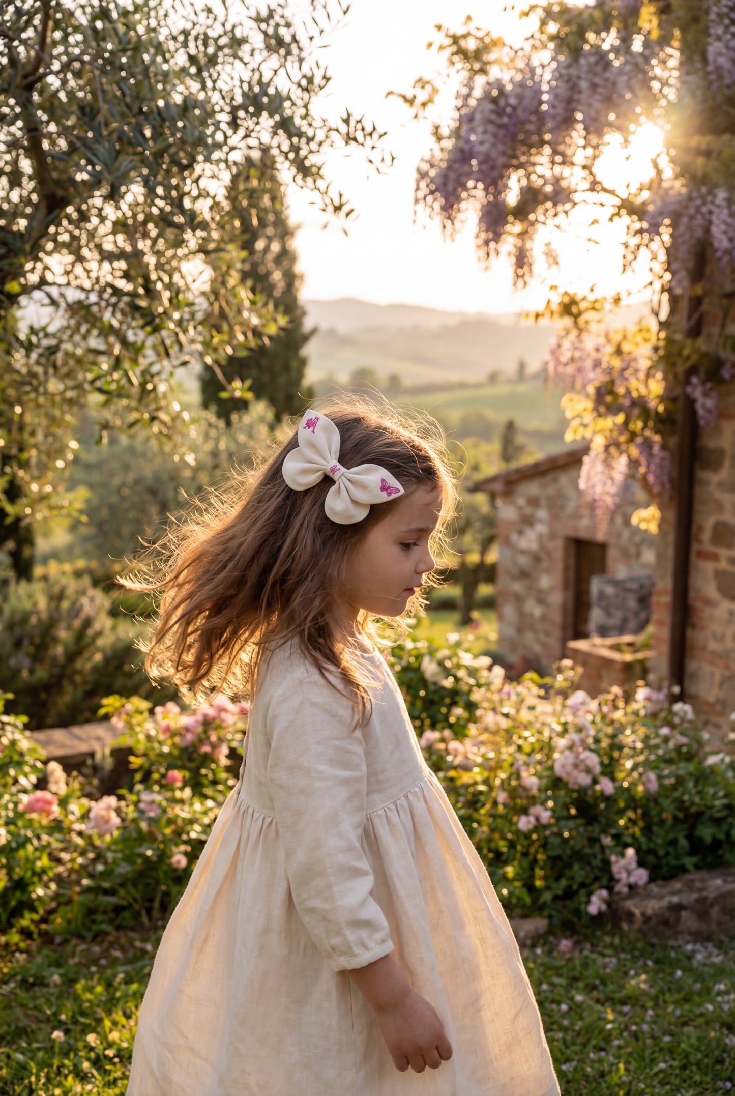 Linen bow with butterfly embroidery and monogram A, B, C ... Z. Spring 